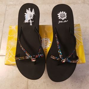 Yellowbox Multi Color Stone Black Wedge Sandals Size 7